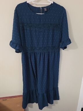 SHEIN Navy Textured Dot Lace-Trim Midi Dress